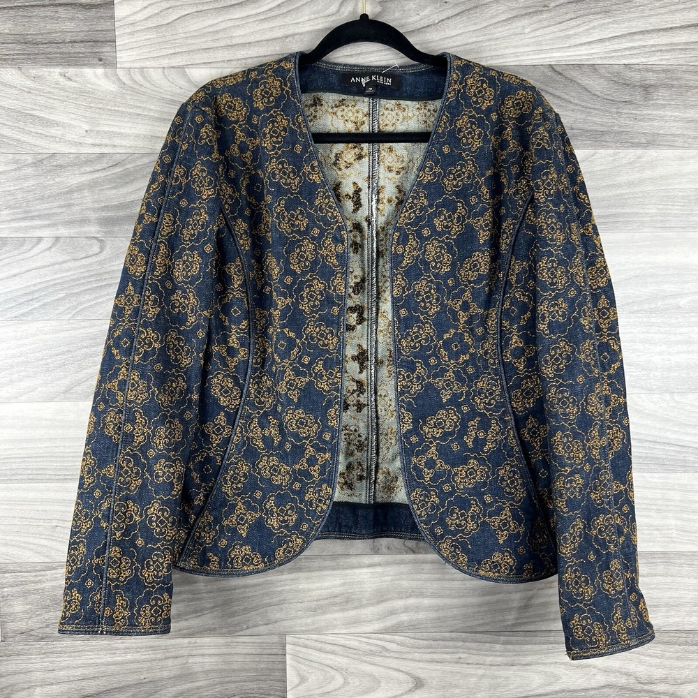 Ann Klein Denim Jacket Blazer‎ Womens 10 Blue Tan Embroidered Statement Rustic